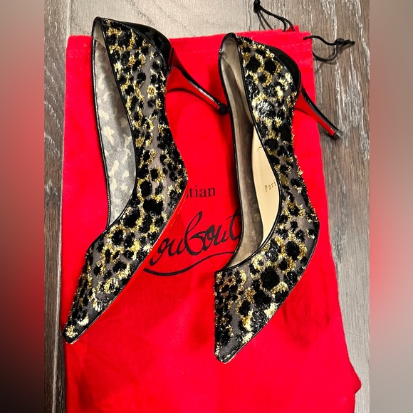 Christian Louboutin Black Gold Lace 85 Chiffon Leopard Pumps - Picture 2 of 5
